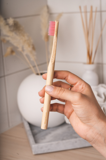 Tandborstar Vuxen Rosa, mjuk borste 5-pack. Bambu, 100% vegansk, Miljö