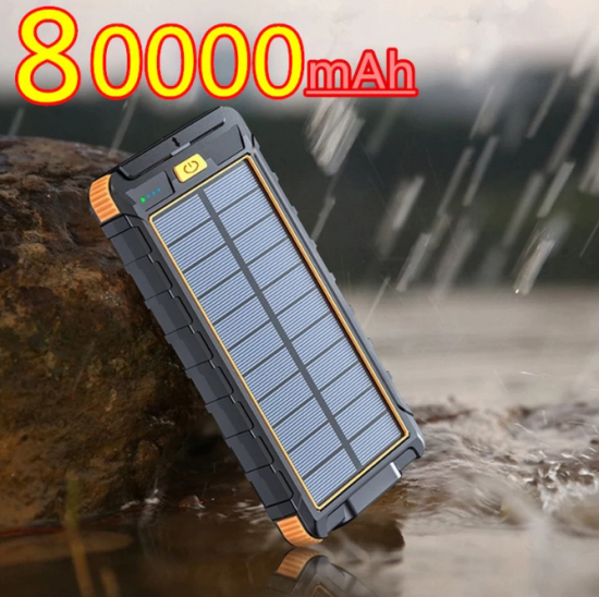 Vattentät Powerbank 80000mAh med solceller, ficklampa & kompass -
