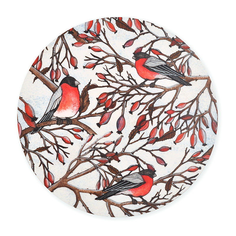 Grytunderlägg Nyponherrar med handritat mönster med Domherrar och nypon