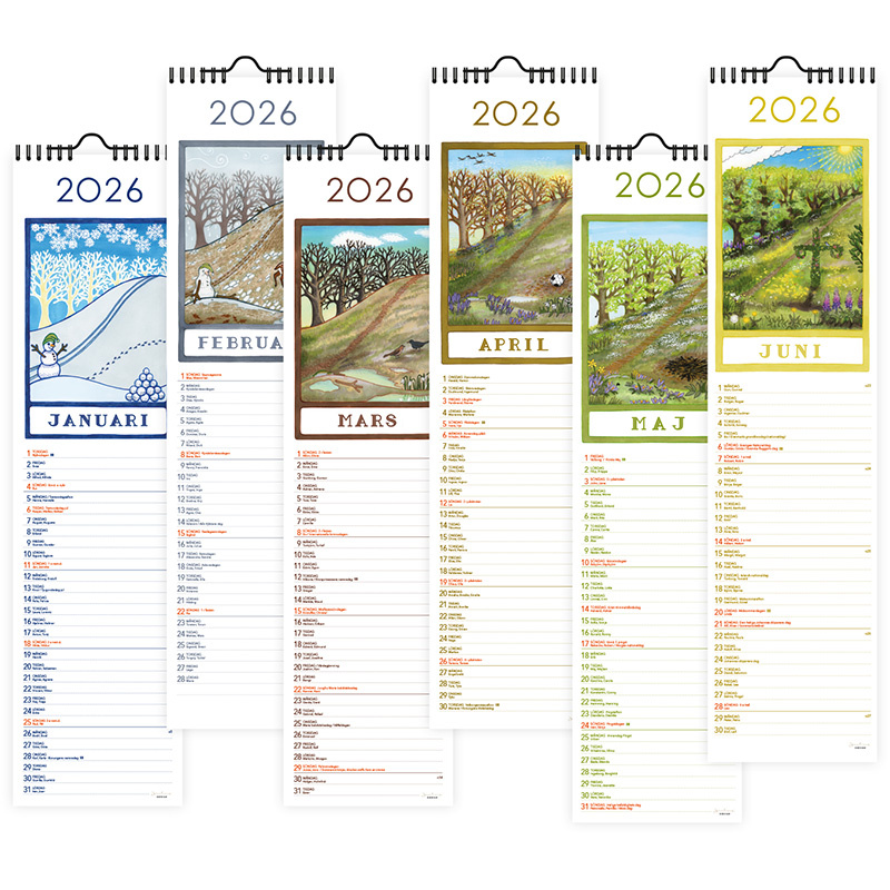 Långsmal väggalmanacka för 2026 med månadsbilder, rader för anteckningar och hängare i överkant