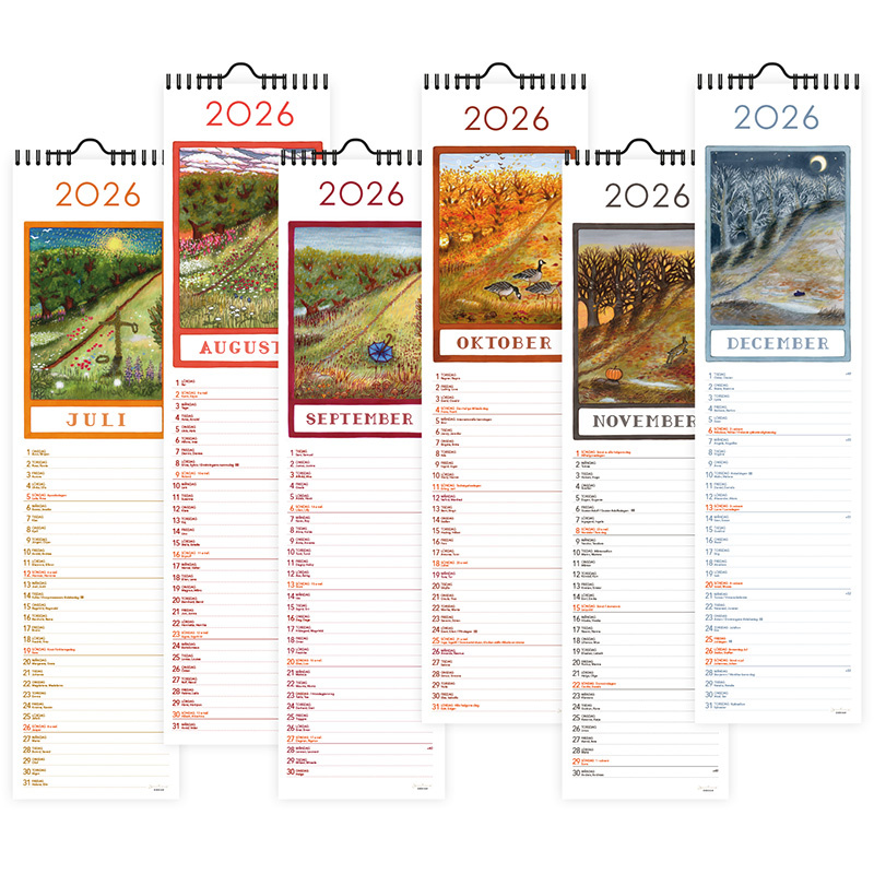 Långsmal väggalmanacka för 2026 med månadsbilder, rader för anteckningar och hängare i överkant