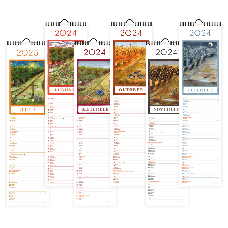 Väggalmanacka för 2025 med månadsillustrationer.