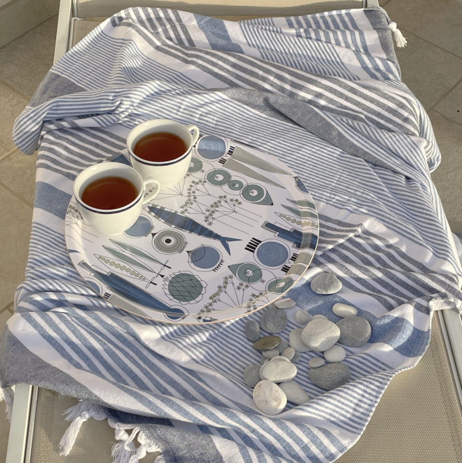 Picknick bricka blå beige, Ø38cm 4