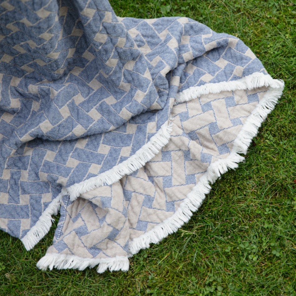 Korg, pläd bomull, blåbeige