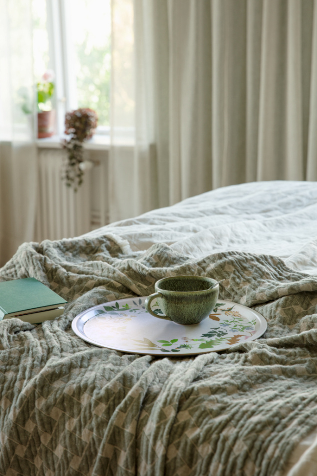 Korg, pläd bomull, grönbeige