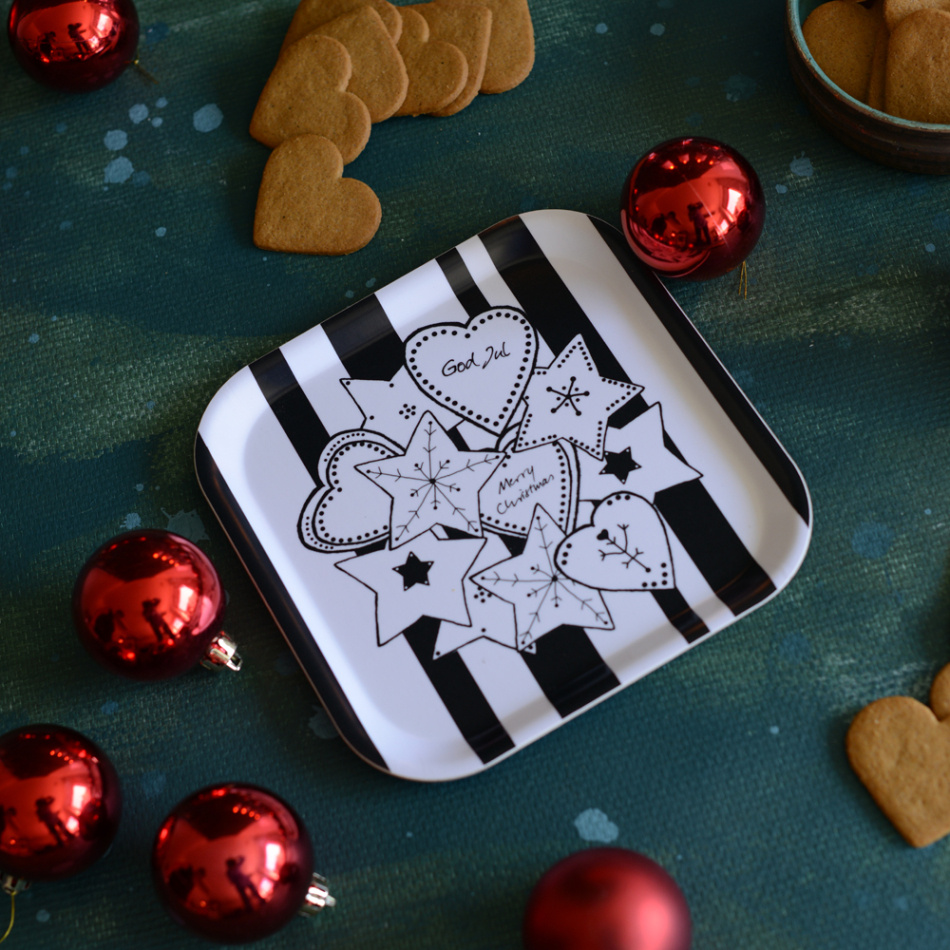 bricka/kakfat SWEDISH FIKA GINGERBREAD svart-vit 20x20 cm