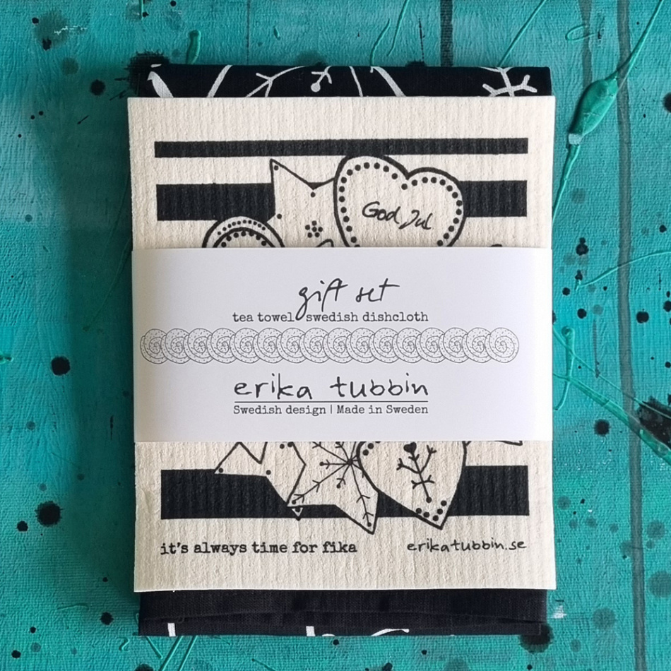gåvoset SWEDISH FIKA GINGERBREAD kökshandduk + disktrasa svart-vit