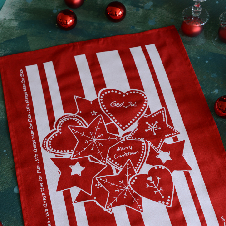 gåvoset SWEDISH FIKA GINGERBREAD kökshandduk + disktrasa röd-vit
