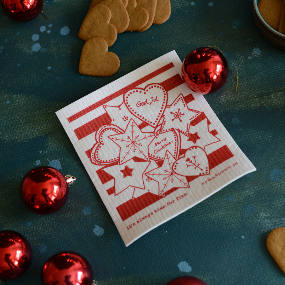 gåvoset SWEDISH FIKA GINGERBREAD kökshandduk + disktrasa röd-vit