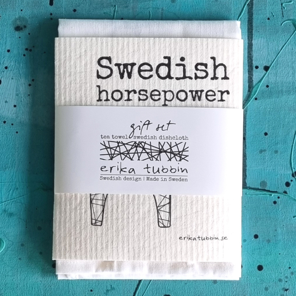 gåvoset SWEDISH HORSEPOWER kökshandduk + disktrasa svart-vit